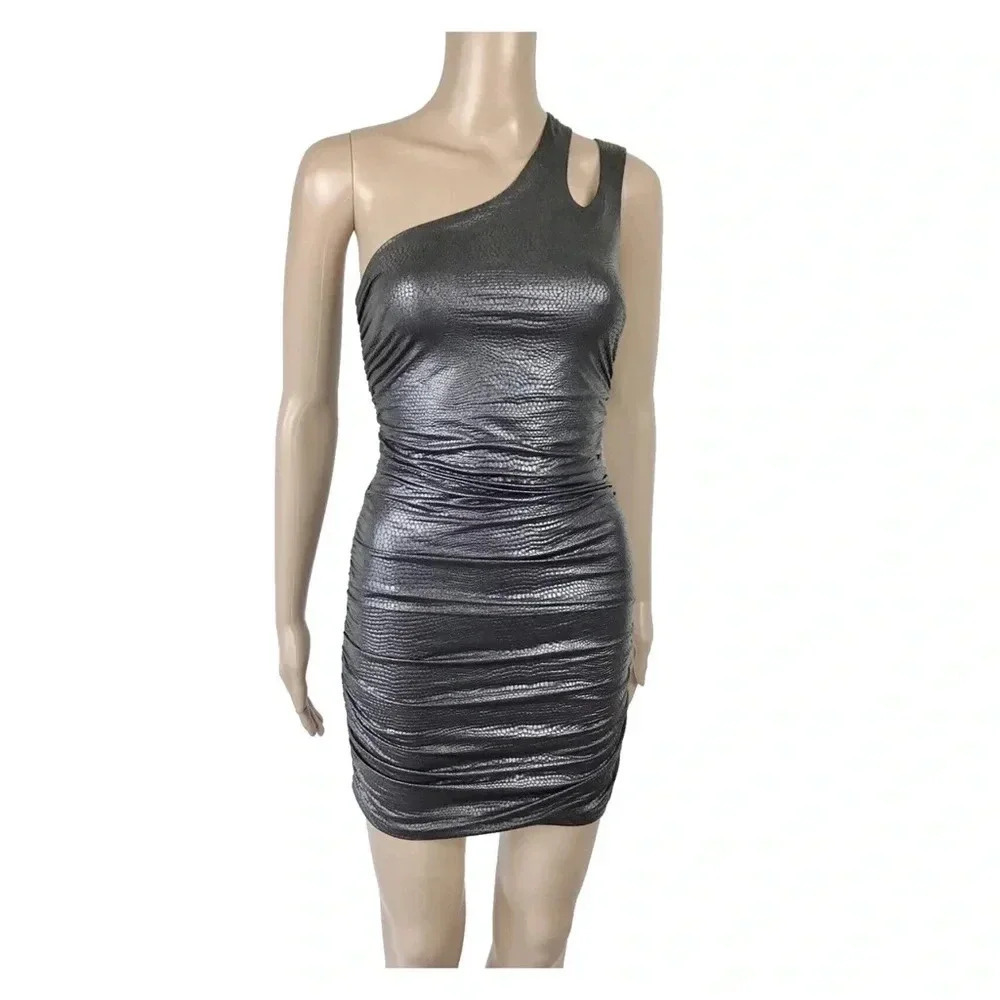 BEBE - Black Textured Cut Out Back Ruching One Shoulder Dress